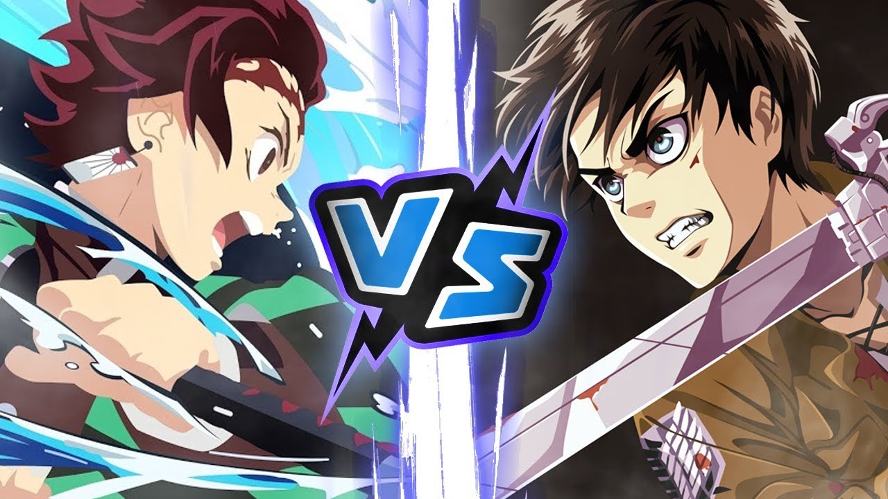 Tanjiro, perosnnage principale de Demon Slayer en duel contre Eren, protagoniste de l'Attaque des Titans