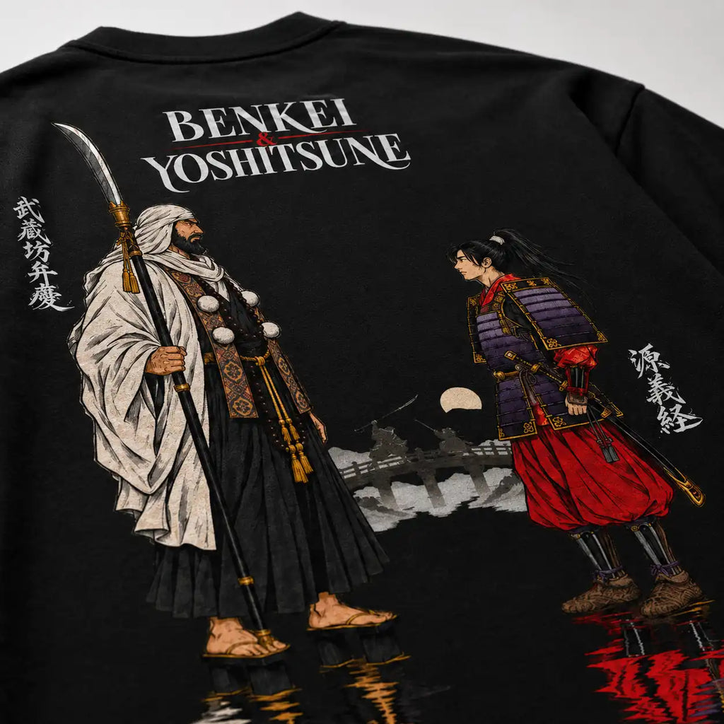 Détail de l'imprimé dos : Benkei en robe de moine avec naginata face à Yoshitsune en armure