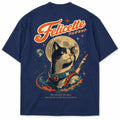 Dos du T-shirt oversize Félicette à plat : chat de l'espace, Lune, Terre et lettrage katakana japonais