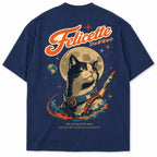 Dos du T-shirt oversize Félicette à plat : chat de l'espace, Lune, Terre et lettrage katakana japonais
