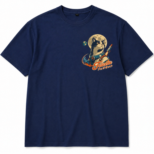 T-shirt oversize bleu marine Félicette à plat, impression poitrine chat spationaute et fusée rétro
