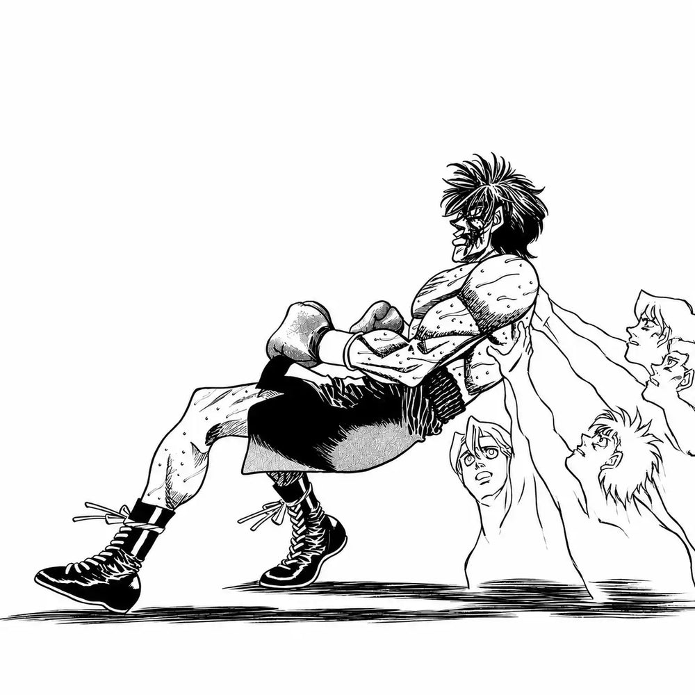 Illustration à l'encre de Ippo soutenu par son entourage, style manga noir et blanc