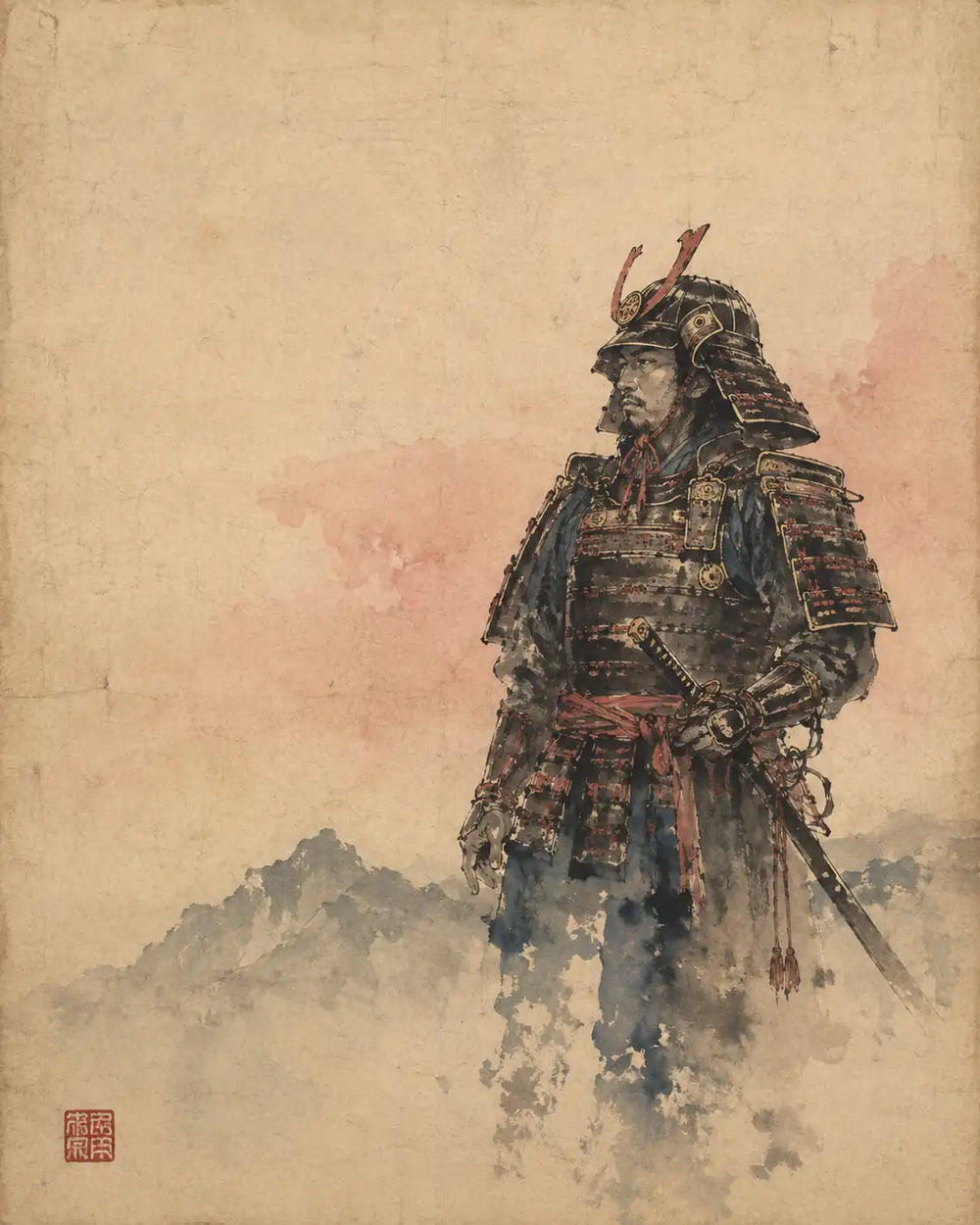 Illustration d'un samouraï en armure à l'encre japonaise sur papier washi, collection Samouraïs Benkei Studio