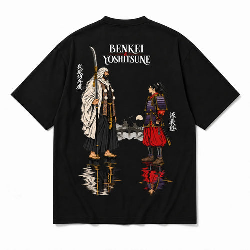 T-shirt oversize noir Benkei & Yoshitsune, les deux guerriers face à face imprimés dans le dos
