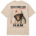 Dos du t-shirt oversize beige HAM le singe astronaute avec grand graphisme chimpanzé spatial Space Chimp Lives