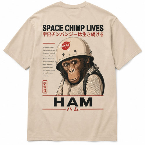 Dos du t-shirt oversize beige HAM le singe astronaute avec grand graphisme chimpanzé spatial Space Chimp Lives