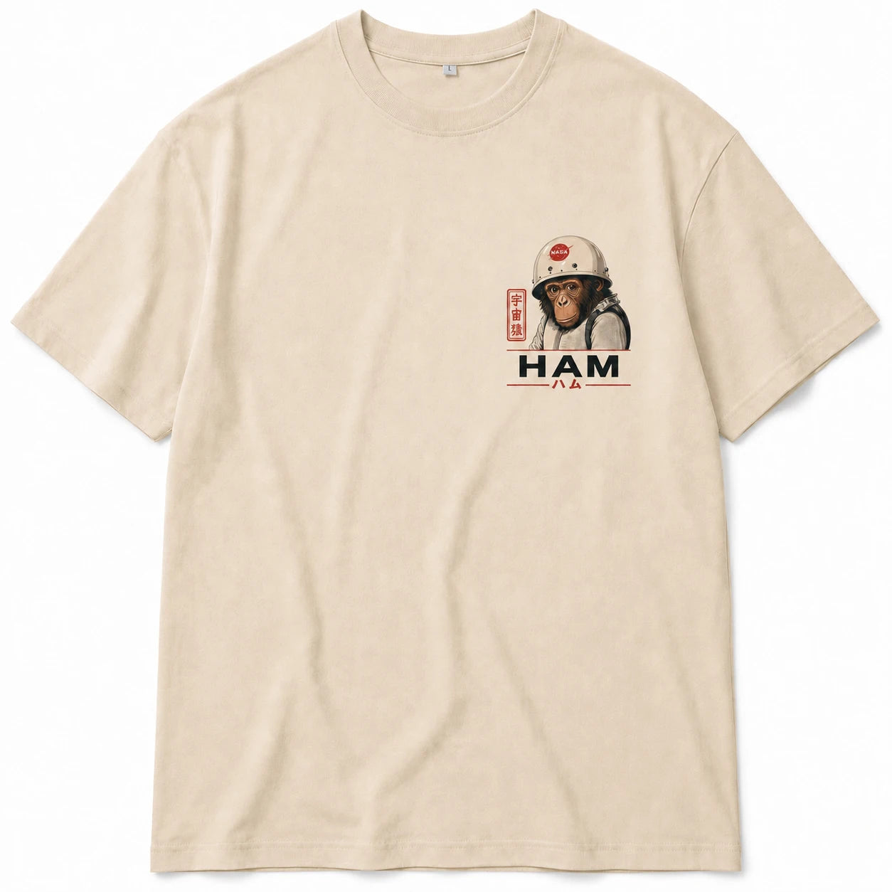T-shirt oversize beige HAM le singe astronaute avec illustration chimpanzé spatial sur la poitrine
