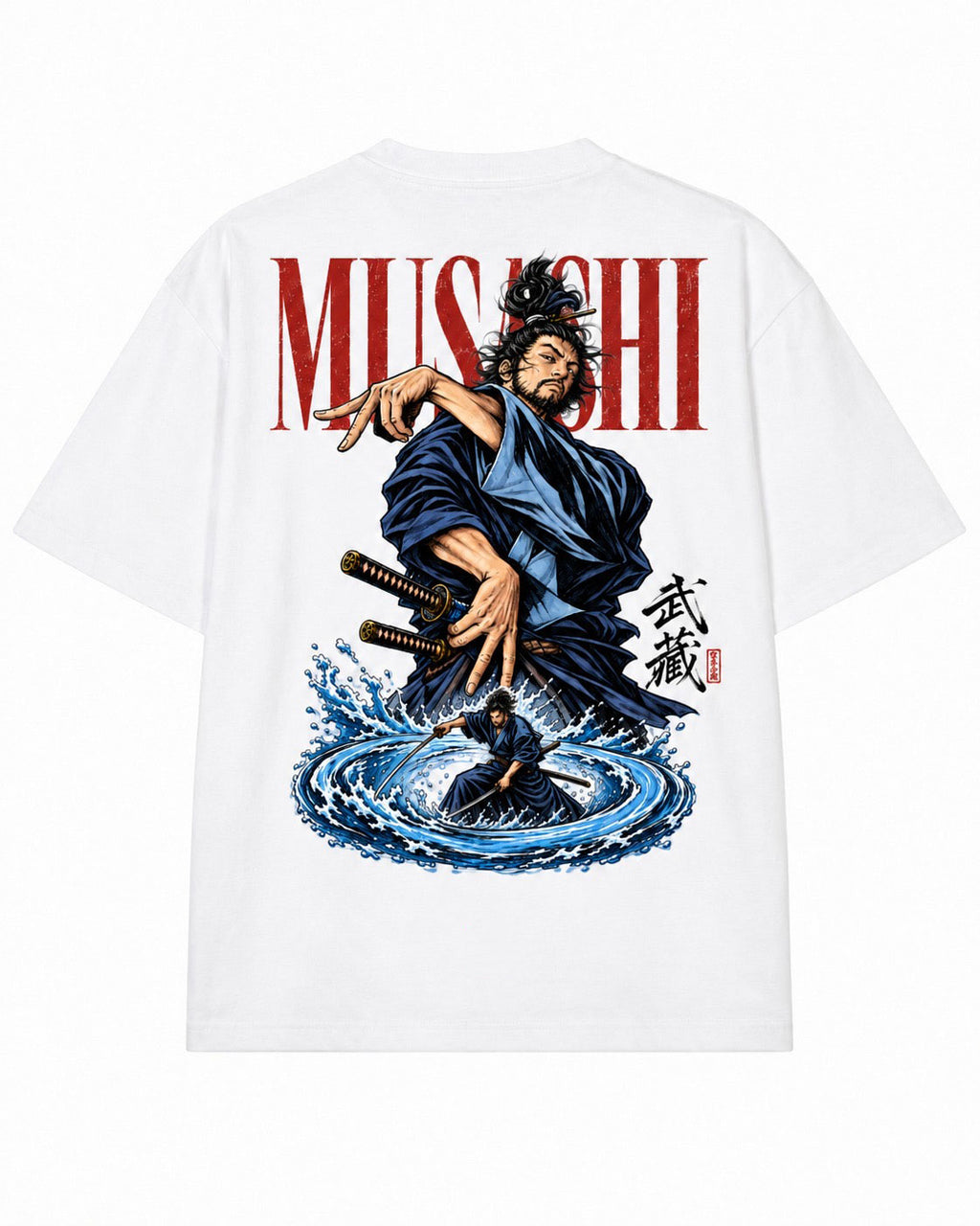Dos du t-shirt Miyamoto Musashi dans Vagabond : lettrage MUSASHI rouge, samouraï aux deux sabres et tourbillon d'eau bleu